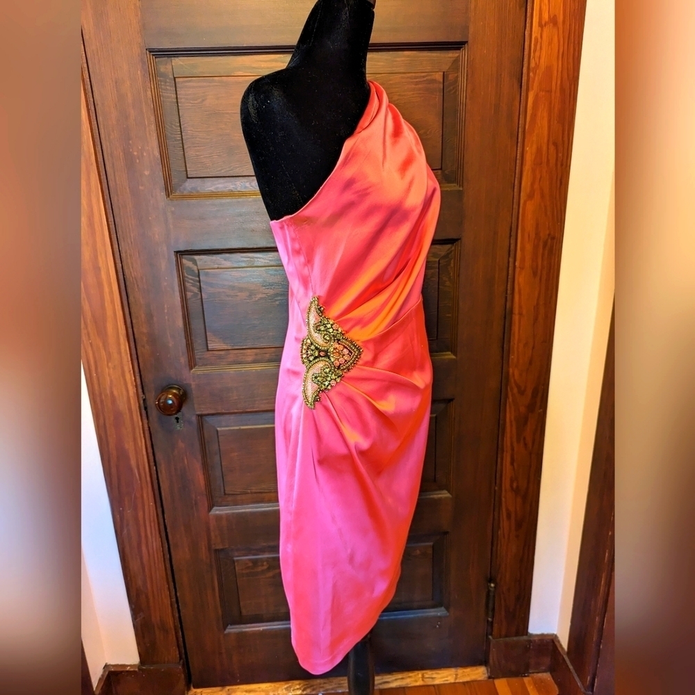 One Shoulder Pink Beaded Dress - David Meister